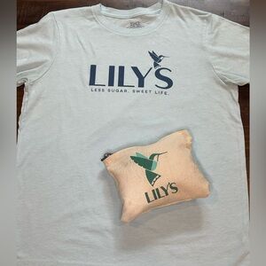 Lily’s Light Blue Short Sleeve Tee. Chocolate Logo L.  Less Sugar. Sweet Life.
